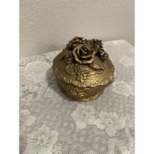 Vintage 5" Gold Painted Trinket Box With Capodimonte Style Roses On Top